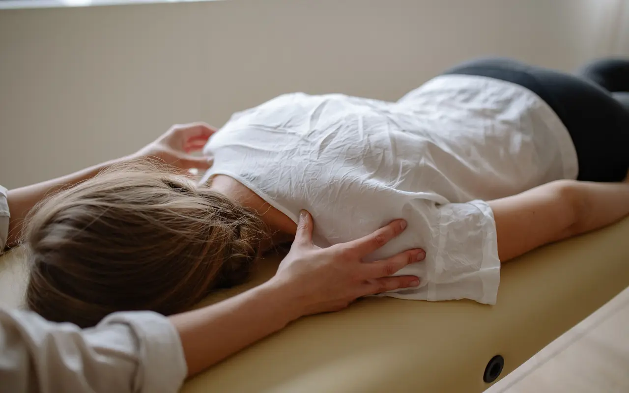 Massagem às costas de uma utente deitada na marquesa